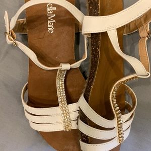 Size8 white sandals with 3 rows gold rhinestones see photos like new